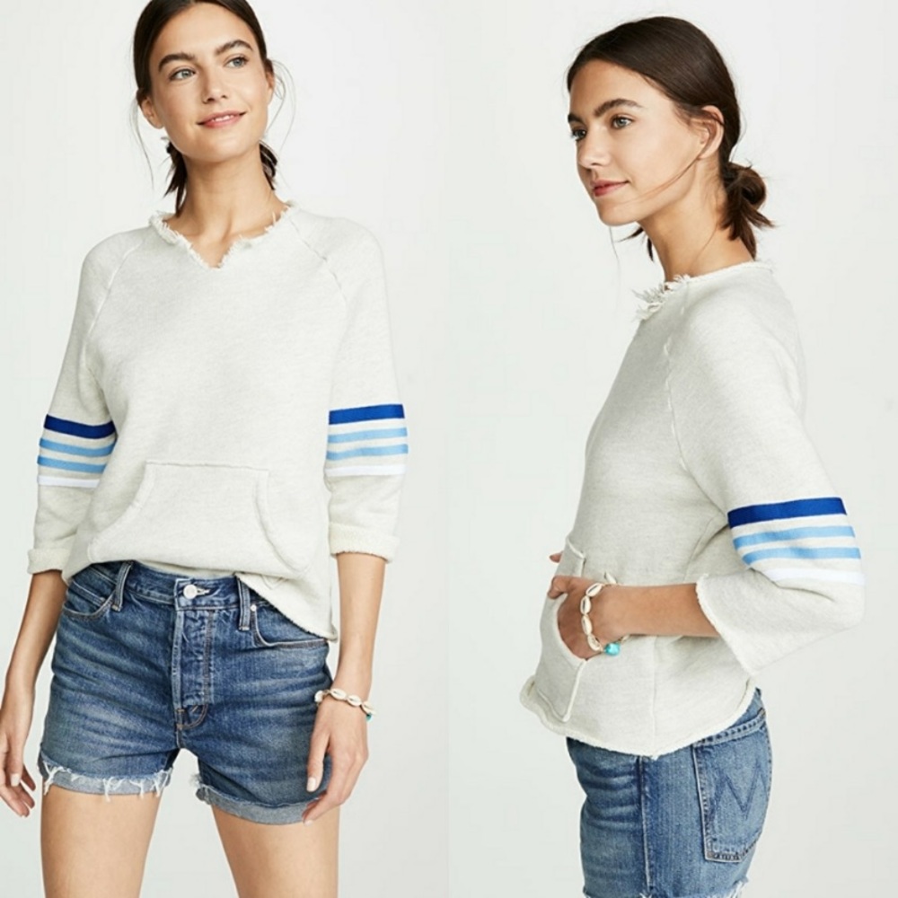 MOTHER cream The Square Tear Fray Pullover Raw Hem V Neck Sweatshirt Medium